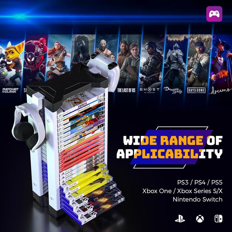 Allnice Game Storage Tower Multifunction Video Game Shelf for 24 game Disk, 2 Headsets Controllers Holder Compatible with PS3/PS4/PS5/ Nintendo Switch/Xbox One, Xbox Series X/S and Blu-Ray Discs - Image 2